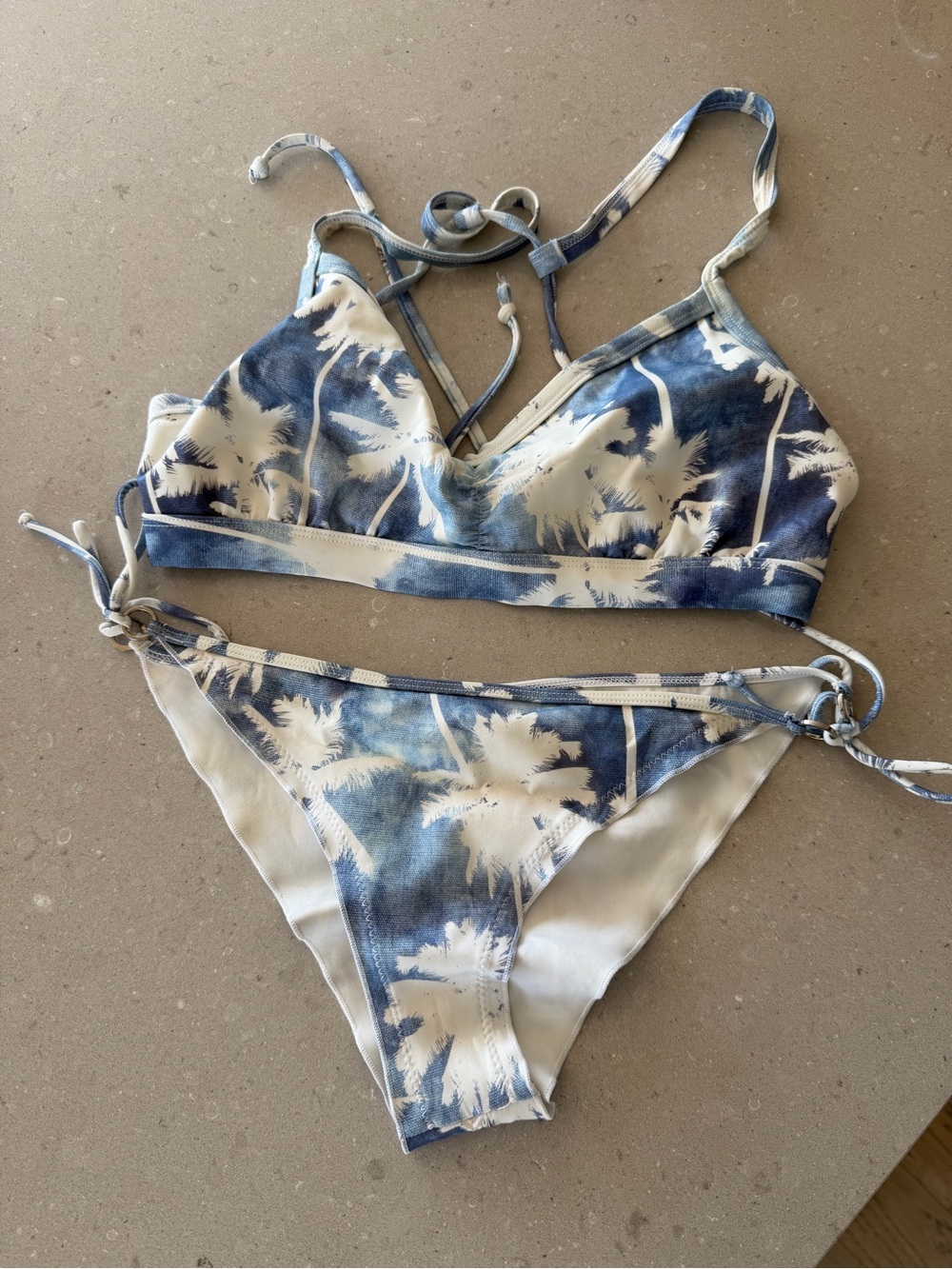 Body Glove Blue and White Palm-Print Triangle Bikini Set